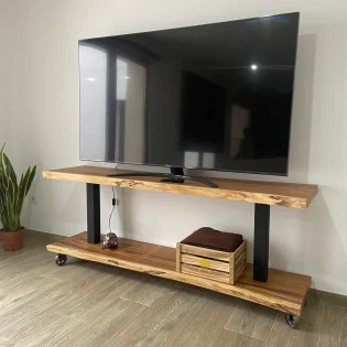 mueble de tv de madera maciza de madera de saman estilo rustico dos baldas ruedas vintage (5)